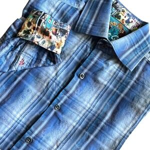 Robert Graham Shirt Men's Small Blue Plaid Button Down Flip Cuffs Classic Fit